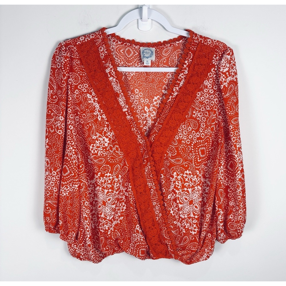 Francescas Blue Rain Womens XL Crop Top Coral Boho Paisley Balloon Sleeve Blouse